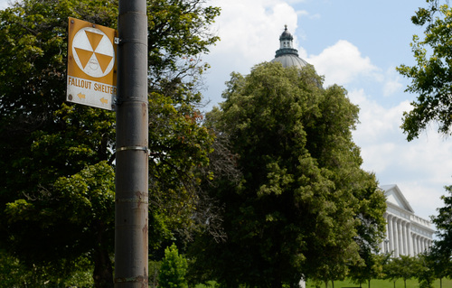 Francisco Kjolseth  |  The Salt Lake Tribune
Some signs remain that mark where fallout shelters used to be designated in Salt Lake City. The State Capitol, and the Pioneer Museum across the street from it, still have their fallout shelter signs outside, directing people to the buildings.
