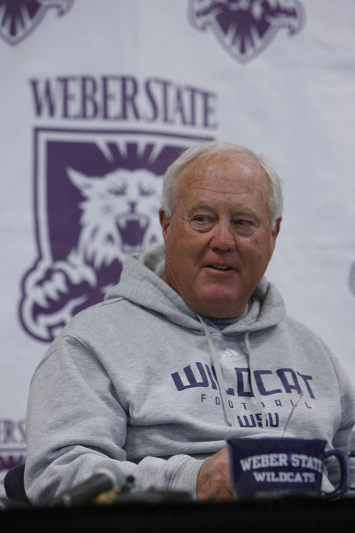 Francisco Kjolseth  |  The Salt Lake Tribune
Long time football coach Ron McBride announces his retirement on Tuesday, November 8, 2011, at Stewart Stadium at Weber State University. McBride is closing out his seventh season with Weber State and had also coached 13 years at University of Utah.