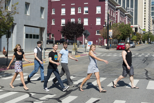 Rick Egan  |  The Salt Lake Tribune
They might not be the Beatles photographed crossing Abbey Road, but these Salt Lake City performers are crossing Broadway to publicize the resident companies of the Rose Wagner Performing Arts Center, the busy arts venue that some know only as "the building across the street from Squatter's." The artists: Deena Marie Manzanares, PYGmalion Theatre Company;  David Horton, Gina Bachauer International Piano Foundation: Aaron Swenson, Plan-B Theatre Company; Nicholas Cendese, Repertory Dance Theatre; Annie Kent, SB Dance; and Brad Beakes, Ririe-Woodbury Dance Company.