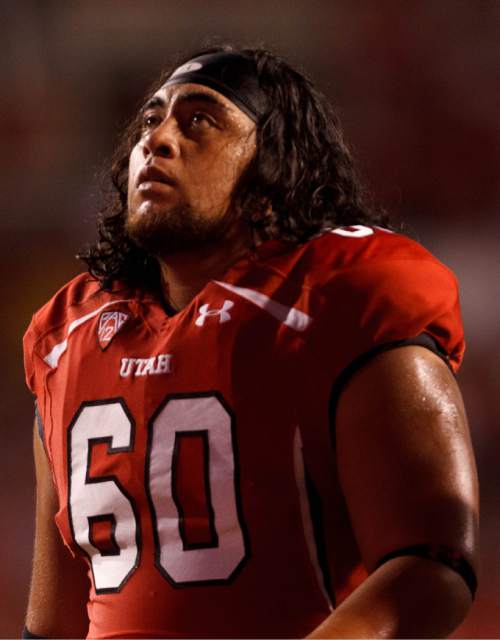 Trent Nelson  |  The Salt Lake Tribune
Utah offensive linesman Jeremiah Poutasi (73) and teammates call out to Utah fans as the University of Utah prepares to face Arizona State, college football in Tempe, Arizona, Saturday, September 22, 2012.