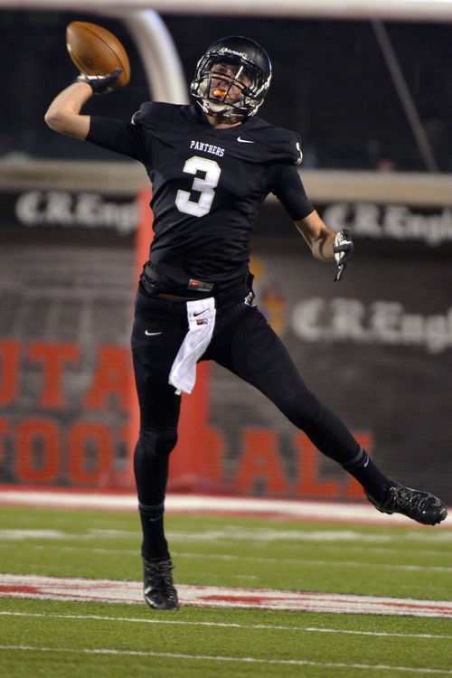Chris Detrick  |  The Salt Lake Tribune
Pine View's Kody Wilstead (3) throws the ball during the first half of the 3AA state championship game at Rice-Eccles Stadium Friday November 22, 2013. Desert Hills is winning 14-7 at halftime.