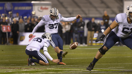 Scott Sommerdorf   |  The Salt Lake Tribune
Brigham Young Cougars kicker Justin Sorensen (37) kicked three FGs during first half play at the Fight Hunger Bowl at AT&T Park in San Francisco, Friday December 27, 2013.