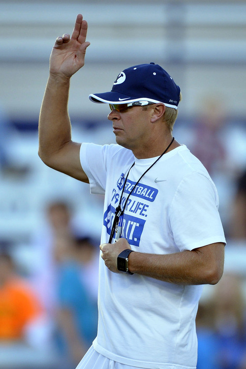 Chris Detrick  |  The Salt Lake Tribune
Brigham Young Cougars head coach Bronco Mendenhall during a scrimmage at LaVell Edwards Stadium Friday August 15, 2014.