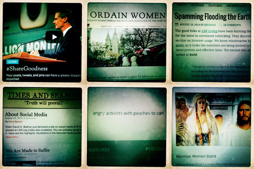 Jeremy Harmon  |  The Salt Lake Tribune

This collection of images shows different websites that discuss issues of interest to LDS audiences, including the main site of The Church of Jesus Christ of Latter-day Saints. The sites featured in this image are (top row l-r) lds.org, ordainwomen.org and bycommonconsent.com (bottom row l-r) timesandseasons.org, feministmormonhousewives.org and mormonwomenstand.com