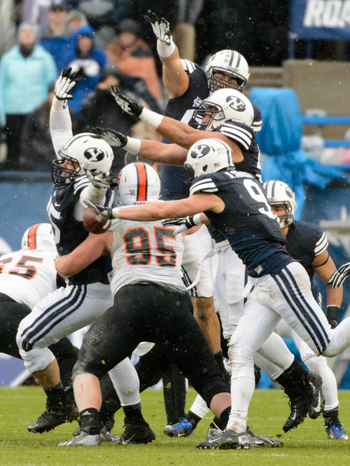 Trent Nelson  |  The Salt Lake Tribune
BYU defenders block an Idaho State field goal attempt as BYU hosts Idaho State, college football at LaVell Edwards Stadium in Provo, Saturday November 16, 2013.