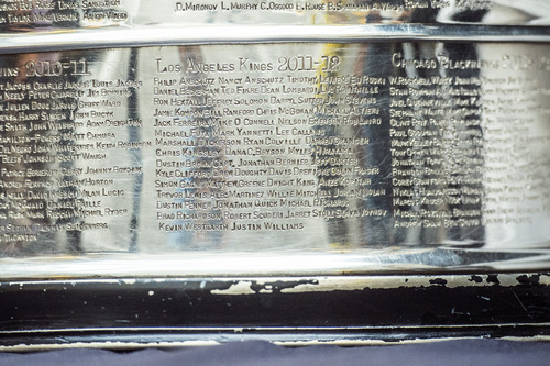 Chris Detrick  |  The Salt Lake Tribune
Los Angeles Kings' Trevor Lewis' name on the Stanley Cup at the Utah State Capitol Wednesday August 27, 2014. Lewis is a Salt Lake City native who played for Brighton's club team as a freshman in 2002. Hockey tradition dictates that each member of the winning team gets custody of the Cup for one day.