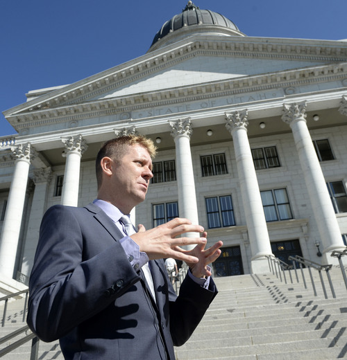 Al Hartmann  |  The Salt Lake Tribune
LGBT protester Troy Williams, one of the "Capitol 13" that were arrested for disturbing the Legislature in February, speaks in front of the Utah Capitol building after a press conference Thursday August 28, 2014.