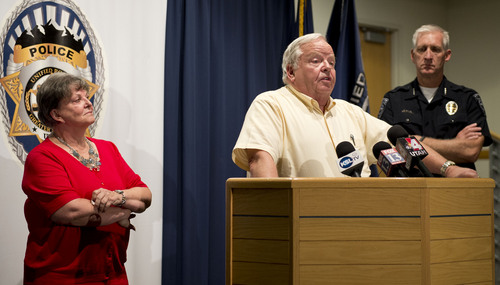 Lennie Mahler  |  The Salt Lake Tribune
Jerold Johnson and Shirley England speak at a press conference after Unified Police solved the 1991 cold-case murder of their mother, Lucille Johnson. Thursday, Aug. 28, 2014.