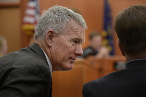 Scott Sommerdorf   |  The Salt Lake Tribune
Talisker lead attorney John Lund confers with attorney Jonathan Paikin during proceedings before Judge Ryan Harris' court, Wednesday, August 27, 2014.