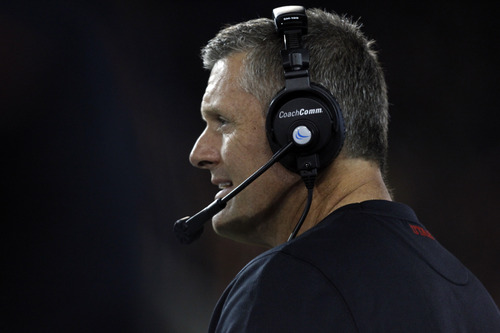 Chris Detrick  |  The Salt Lake Tribune
Utah Utes head coach Kyle Whittingham watches during the first half of the game against Oregon State at Reser Stadium on Saturday, Oct. 20, 2012.