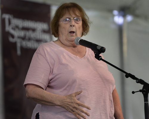 Scott Sommerdorf   |  The Salt Lake Tribune
Mary Gay Ducey tells a story under the River Trail tent at the annual Timpanogos Storytelling Festival finished up its three-day run on Saturday at Timpanogos Park, Saturday, August 30, 2014.