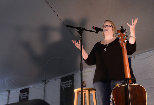 Scott Sommerdorf   |  The Salt Lake Tribune
Kim Weitkamp performs under the Cliff View tent at the annual Timpanogos Storytelling Festival finished up its three-day run on Saturday at Timpanogos Park.
