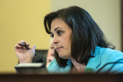 Chris Detrick  |  The Salt Lake Tribune
Speaker Becky D. Lockhart, Co-Chair, talks to UTA General Manager Mike Allegra during a Audit Subcommittee of the Legislative Management Committee Tuesday August 26, 2014.