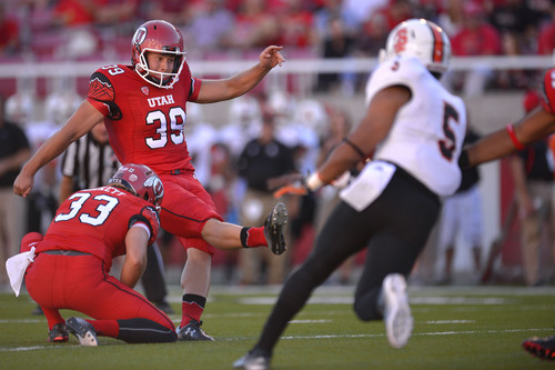 Chris Detrick  |  The Salt Lake Tribune
Utah Utes place kicker Andy Phillips (39) kicks an extra point during the first half of the game at Rice-Eccles stadium Thursday August 28, 2014. Utah is winning the game 35-7.