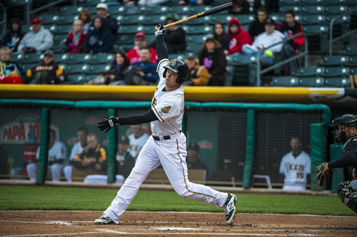 Chris Detrick  |  The Salt Lake Tribune
Salt Lake Bees' Brennan Boesch (23) hits a foul ball during the game at Smith's Ballpark Friday April 4, 2014.