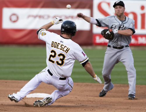 Rick Egan  |  The Salt Lake Tribune

Salt Lake Bees right fielder Brennan Boesch (23)  tries to break up a double-play as El Paso Chihuahuas second baseman Taylor Lindsey (10) makes the throw,  in PCL action, The Salt Lake Bee's vs The El Paso Chihuahuas, Monday, August 11, 2014