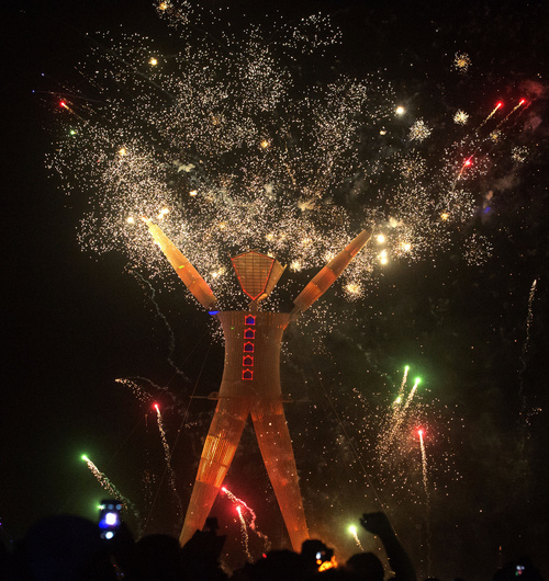 Rick Egan  |  The Salt Lake Tribune

The Burning Man is surrounded by fireworks Saturday night at the Burning Man festival in the Black Rock Desert, north of Reno, August 30, 2014.