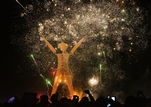 Rick Egan  |  The Salt Lake Tribune

The Burning Man is surrounded by fireworks Saturday night at the Burning Man festival in the Black Rock Desert, north of Reno, August 30, 2014.