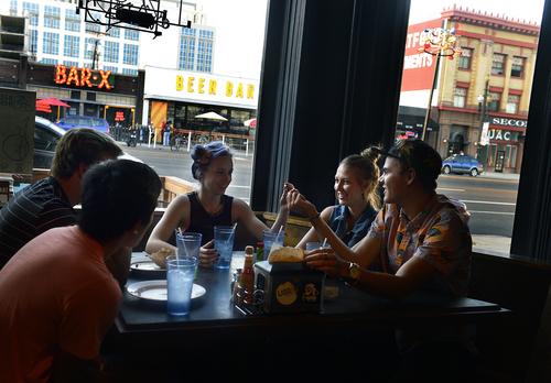 Scott Sommerdorf   |  The Salt Lake Tribune
Friends eat at Este', a New York style pizzeria at 156 E. 200 South in downtown Salt Lake City and a restaurant popular with millennials. From left to right; Sam Teng, Nick Robison, Marissa Lindley, Lindsey Jones, and William Crosland.
