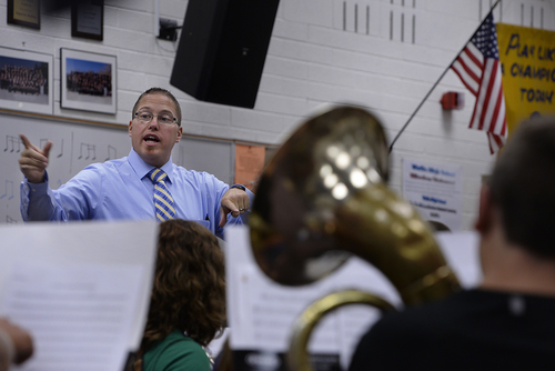 Scott Sommerdorf   |  The Salt Lake Tribune
Tintic School Superintendent Kodey Hughes teaches band class at Tintic High, Thursday, August 21, 2014. Hughes is one of the youngest superintendents in the state if not the youngest, and he started in the district as a special education student.