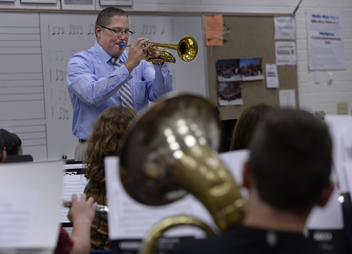Scott Sommerdorf   |  The Salt Lake Tribune
Tintic School Superintendent Kodey Hughes plays his trumpet as he teaches band class at Tintic High, Thursday, August 21, 2014. Hughes is one of the youngest superintendents in the state if not the youngest, and he started in the district as a special education student.