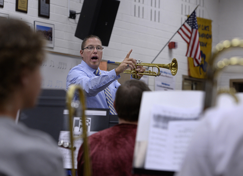 Scott Sommerdorf   |  The Salt Lake Tribune
Tintic School Superintendent Kodey Hughes teaches band class at Tintic High, Thursday, August 21, 2014. Hughes is one of the youngest superintendents in the state if not the youngest, and he started in the district as a special education student.