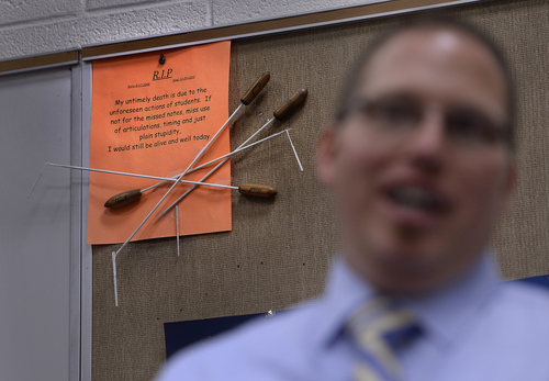 Scott Sommerdorf   |  The Salt Lake Tribune
Tintic Superintendent Kodey Hughes speaks in his band classroom near a collection of batons he has broken while teaching music at the school over the last two years, Thursday, August 21, 2014. His students decided to make the impromptu memorial and post it in his class. Hughes is one of the youngest superintendents in the state if not the youngest, and he started in the district as a special education student.