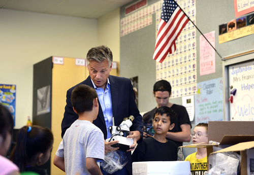 Scott Sommerdorf   |  The Salt Lake Tribune
Jon Huntsman Jr. helped deliver teaching and science materials to Melody Franis' 4th grade classroom at Rose Park Elementary in association with Chevron's 2014 Fuel Your School Program, Wednesday Sept. 3, 2014. Huntsman has been a U.S. Ambassador to China and Utah's Governor and is currently a Chevron Board of Directors Member.