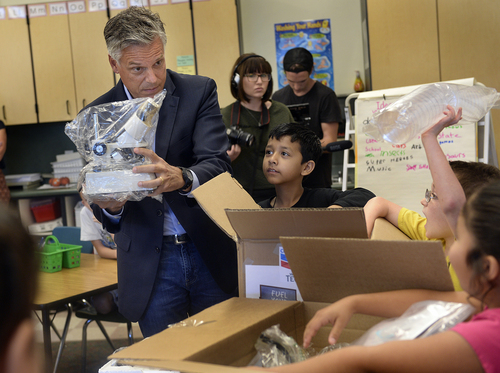 Scott Sommerdorf   |  The Salt Lake Tribune
Jon Huntsman Jr. helped deliver teaching and science materials to Melody Francis' 4th grade classroom at Rose Park Elementary in association with Chevron's 2014 Fuel Your School Program, Wednesday, Sept. 3, 2014. Huntsman has been a U.S. Ambassador to China and Utah's Governor and is currently a Chevron Board of Directors Member.