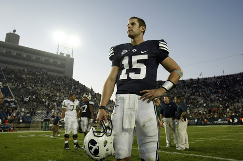Photo by Chris Detrick  |  The Salt Lake Tribune 
Brigham Young's Max Hall #15 after the game at Lavell Edwards stadium Saturday September 26, 2009. BYU won the game 42-23.
