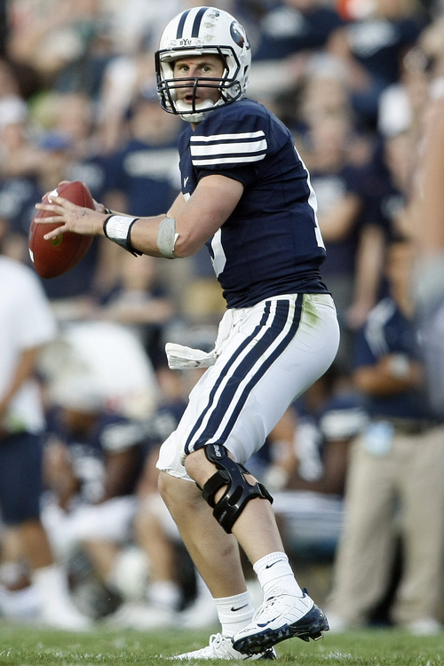 Photo by Chris Detrick  |  The Salt Lake Tribune 
Brigham Young's Max Hall #15 looks to pass during the second half of the game at Lavell Edwards stadium Saturday September 26, 2009. BYU won the game 42-23.