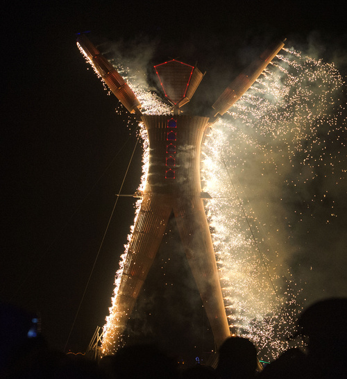 Rick Egan  |  The Salt Lake Tribune

Fireworks spray from the Burning Man, Saturday night at the Burning Man festival in the Black Rock Desert, north of Reno, August 30, 2014.