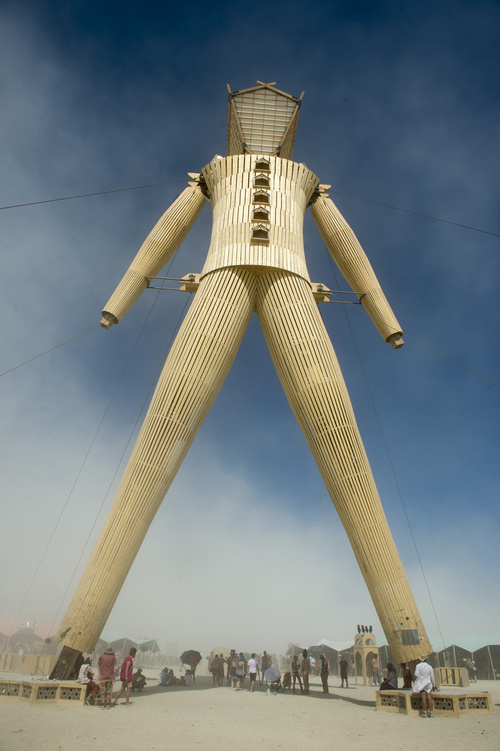 Rick Egan  |  The Salt Lake Tribune

The Burning man stands amid the blowing dust at the Burning Man Festival in the Black Rock Desert 100 miles north of Reno, Thursday, August 28, 2014.