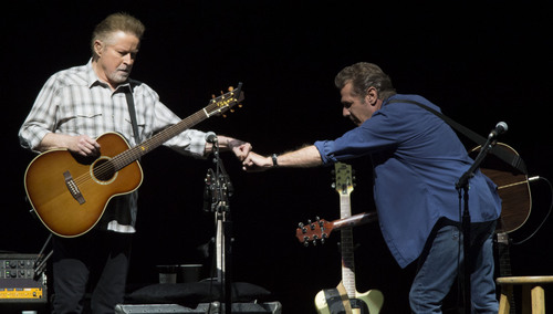 Steve Griffin  |  The Salt Lake Tribune


Don Henley and Glenn Frey fist bump as they take the stage during the History of the Eagles Tour at EnergySolutions Arena in Salt Lake City, Tuesday, Sept. 2, 2014.