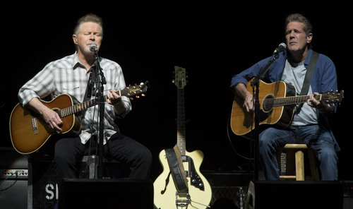 Steve Griffin  |  The Salt Lake Tribune


Don Henley and Glenn Frey sing together at the start of the  History of the Eagles Tour at EnergySolutions Arena in Salt Lake City, Tuesday, Sept. 2, 2014.