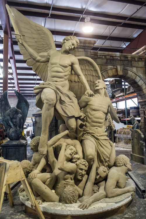 Chris Detrick  |  The Salt Lake Tribune
A sculpture of Michael Defeating the Devil that will be used in Evermore Adventure Park at their warehouse in Lindon Wednesday August 27, 2014.