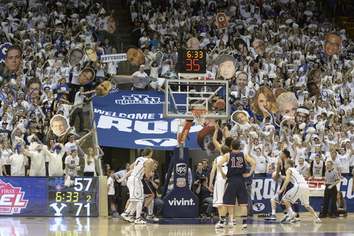 Rick Egan  | The Salt Lake Tribune 

Brigham Young Cougar fans try to distract Mary's Gaels center Matt Hodgson (33) as he shoots a free throw, in basketball action, BYU vs. St Mary's, at the Marriott Center, Saturday, February 1, 2014.