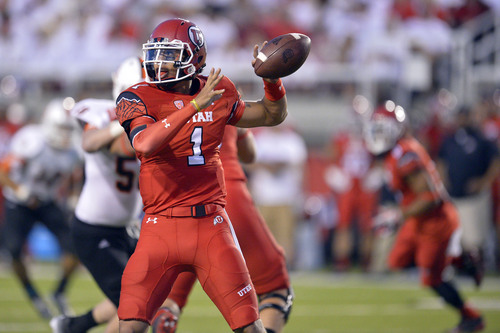 Chris Detrick  |  The Salt Lake Tribune
Utah Utes quarterback Kendal Thompson (1) throws the ball during the second half of the game at Rice-Eccles stadium Thursday August 28, 2014. Utah defeated Idaho State 56-14.