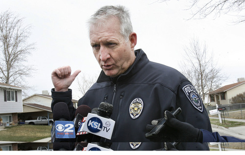 Scott Sommerdorf  |  The Salt Lake Tribune             
Sheriff Jim Winder describes what he called the "tragedy" that occured in Magna Sunday morning. Magna police at the scene of an officer-involved shooting at 3791 Paine Road in Magna, Sunday, March 18, 2012. Police report the victim was a fifteen year old boy who had run ins with police before.