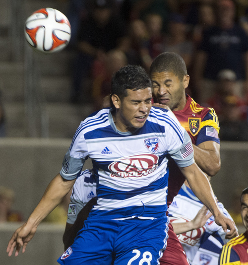 Rick Egan  |  The Salt Lake Tribune

Real Salt Lake forward Alvaro Saboru (15) heads the ball into the net for the second Real score of the night, as FC Dallas midfielder Victor Ulloa (28) defends, in MLS action, Real Salt Lake vs. FC Dallas , at Rio Tinto Stadium, Thursday, September 6, 2014