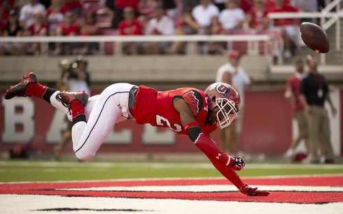 Jeremy Harmon  |  The Salt Lake Tribune

Utah's Kenric Young (24) just misses a pass in the end zone as the Utes host the Bulldogs at Rice-Eccles Stadium on Saturday, Sept. 6, 2014.