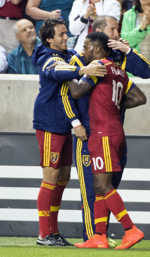 Rick Egan  |  The Salt Lake Tribune

Real Salt Lake forward Robbie Findley (10) is congratulated after scoring a goal in the first period, in MLS action, Real Salt Lake vs. FC Dallas , at Rio Tinto Stadium, Thursday, September 6, 2014