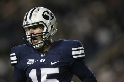 Trent Nelson  |  The Salt Lake Tribune
BYU quarterback Max Hall lets out a yell toward the Utah State bench. BYU vs. Utah State University college football Friday, October 2 2009 in Provo.