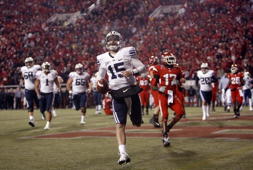 BYU quarterback Max Hall (15) scores a touchdown during the Utah BYU game Saturday November 22, 2008.

Trent Nelson/The Salt Lake Tribune