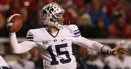 BYU quarterback Max Hall (15)  passes the ball during the Utah BYU game Saturday November 22, 2008.

Scott Sommerdorf/The Salt Lake Tribune