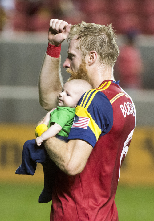 Rick Egan  |  The Salt Lake Tribune

Real Salt Lake defender Nat Borchers (6) brings his son Lincoln along as he waves to the crowd after Real Salt Lake beat FC Dallas 2-1in MLS action, at Rio Tinto Stadium, Thursday, September 6, 2014