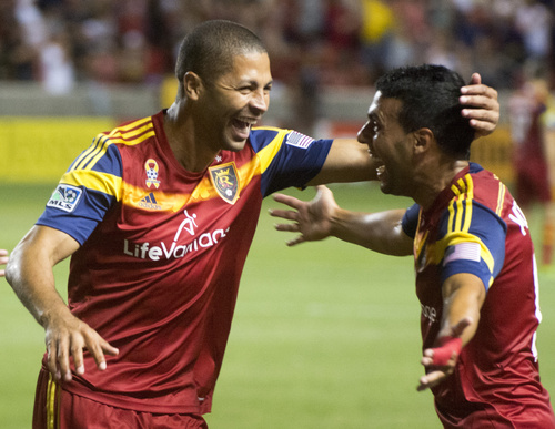 Rick Egan  |  The Salt Lake Tribune

Real Salt Lake forward Alvaro Saboru (15) celebrates with Javier Morales (11), after giving Real Salt Lake a 2-1 lead with a goal late in the second half, in MLS action, Real Salt Lake vs. FC Dallas , at Rio Tinto Stadium, Thursday, September 6, 2014
