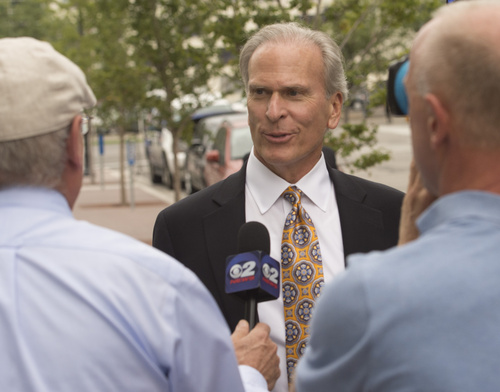Rick Egan  |  The Salt Lake Tribune
Richard Burbidge, lead attorney for Kearns-Tribune, talks to the press outside the courthouse after making arguments in the Citizens for Two Voices' lawsuit challenge, Monday, September 8, 2014