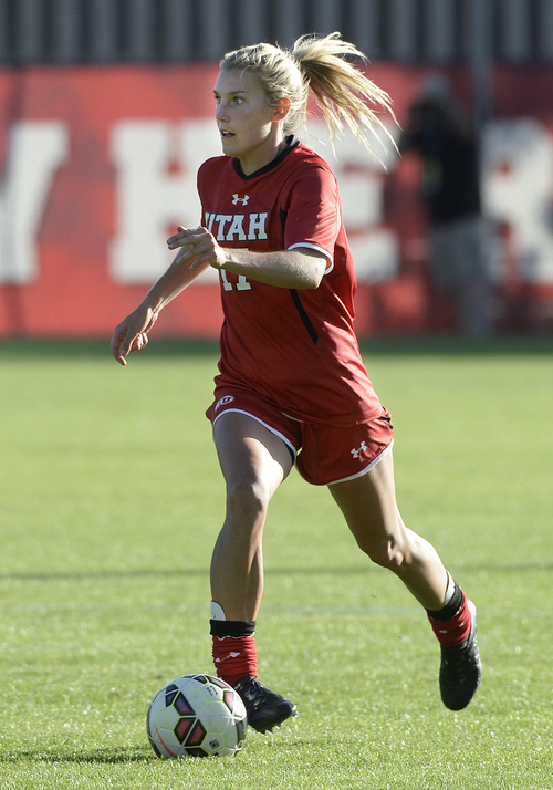 Scott Sommerdorf   |  The Salt Lake Tribune
Utah's Audrey Gibb brings the ball upfield versus BYU. Katie Taylor scored on a second half penalty kick, and Utah women's soccer defeated BYU 1-0 in Salt Lake City, Friday, September 5, 2014.