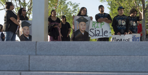 Steve Griffin  |  The Salt Lake Tribune


Family, friends, and supporters of, Siale Angilau, who was shot and killed in the Salt Lake City federal courthouse, gather for the Justice4Siale Vigil on the courthouse plaza in Salt Lake City, Utah Wednesday, June 11, 2014.  Glendale community members have organized a coalition called the "Raise your Pen Coalition."